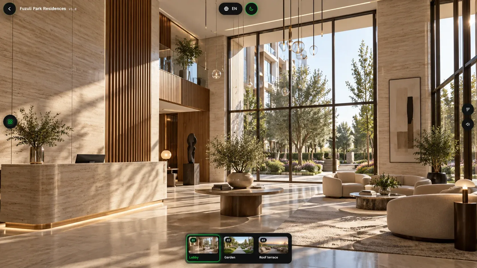 An online presentation playing in the browser: a sunlit residence lobby, with the scene strip along the bottom